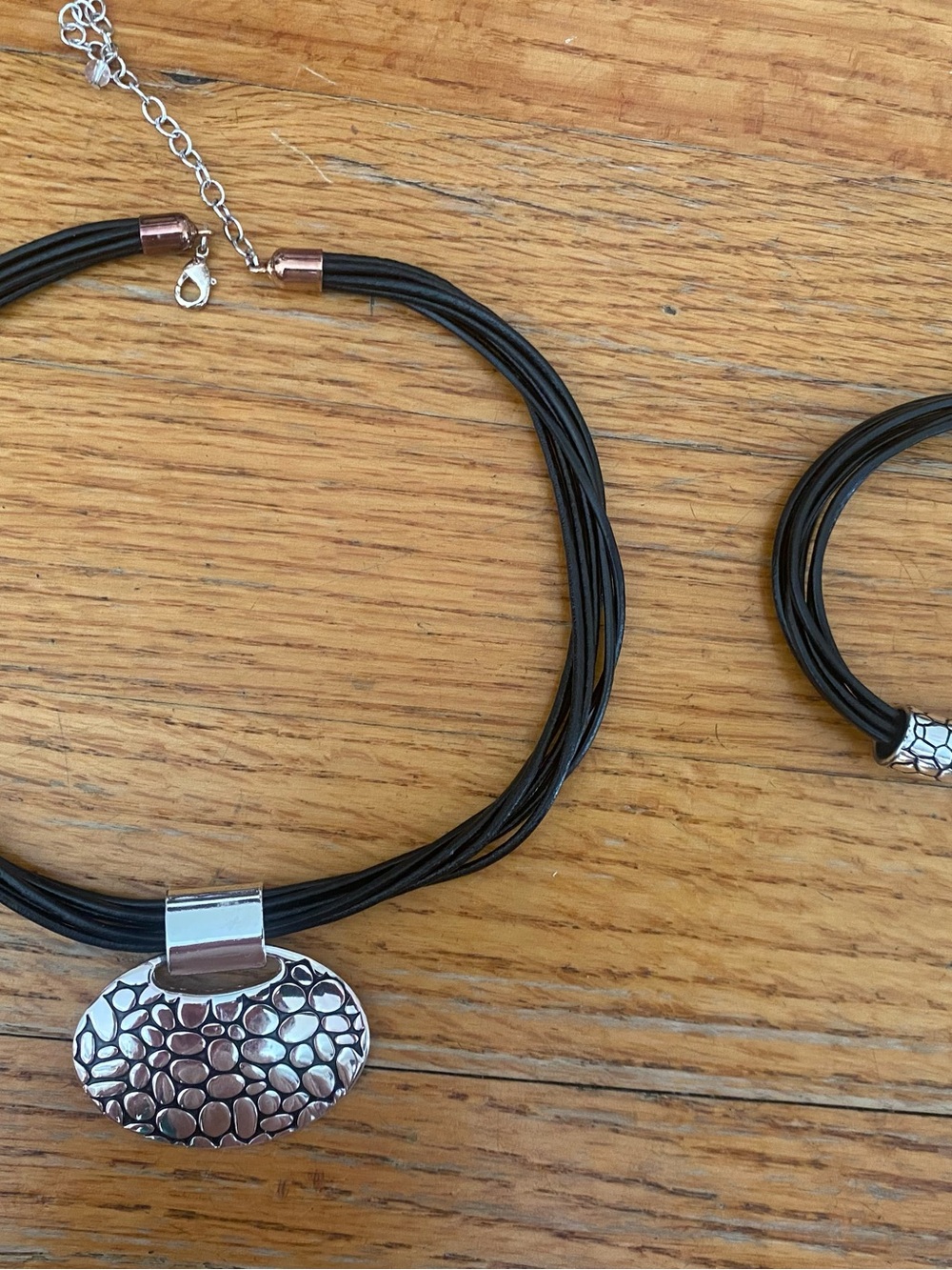 Napier- Black Multi-Strand Textured Silver Pendant and Matching Bracelet
